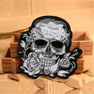 White Rose Skull Embroidered Sew On Iron On Patch Badge Fabric Craft Transfer - Picture 1 of 4