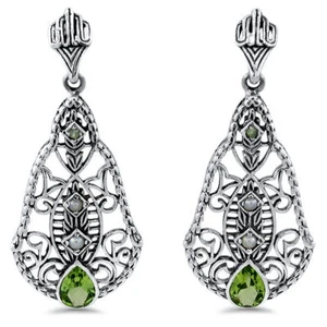 GENUINE PERIDOT & PEARL 925 STERLING SILVER ANTIQUE STYLE EARRINGS 517X - Picture 1 of 2