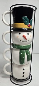 Set 4 tazze da caffè pupazzo di neve natalizie, ceramica 12 oz, dipinte a mano, impilabili, - Foto 1 di 5