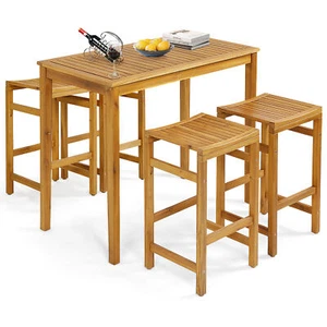 5PCS Patio Acacia Wood Bar Set Outdoor Bar Height Table, Saddle Stool Chairs Set - Picture 1 of 5