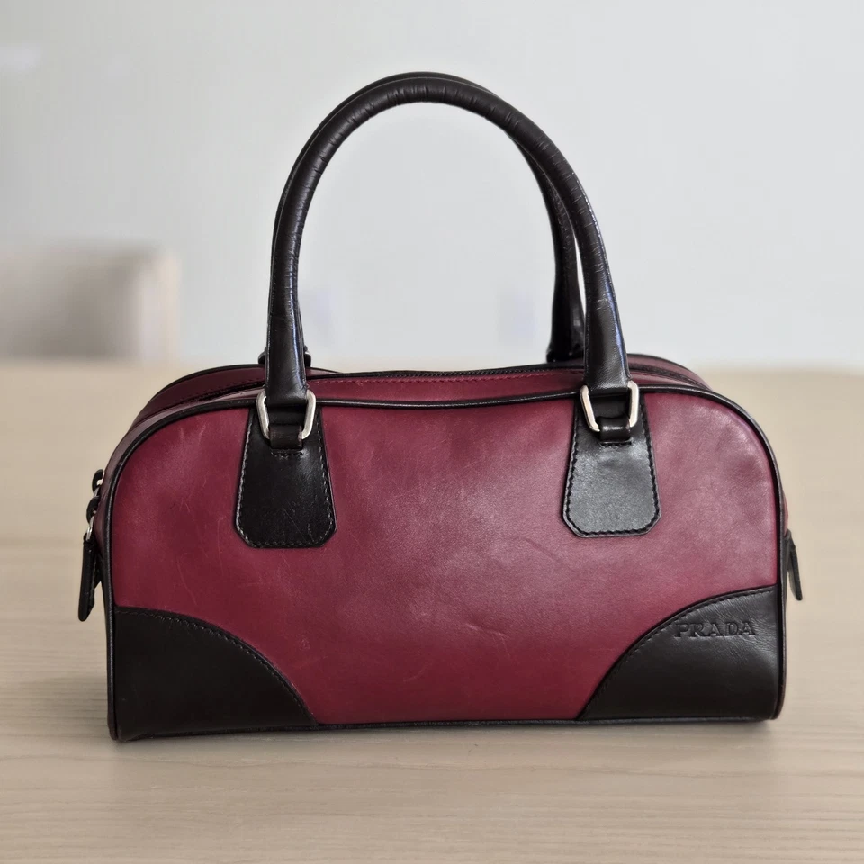 Vintage PRADA Leather Bowling Bag In Red And Brown  - Image 1 of 4