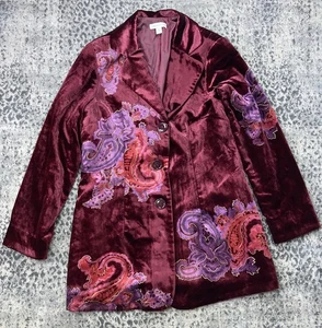 Coldwater Creek Paisley Velvet Longline Jacket Red Lined Women's Size 16 - Picture 1 of 19