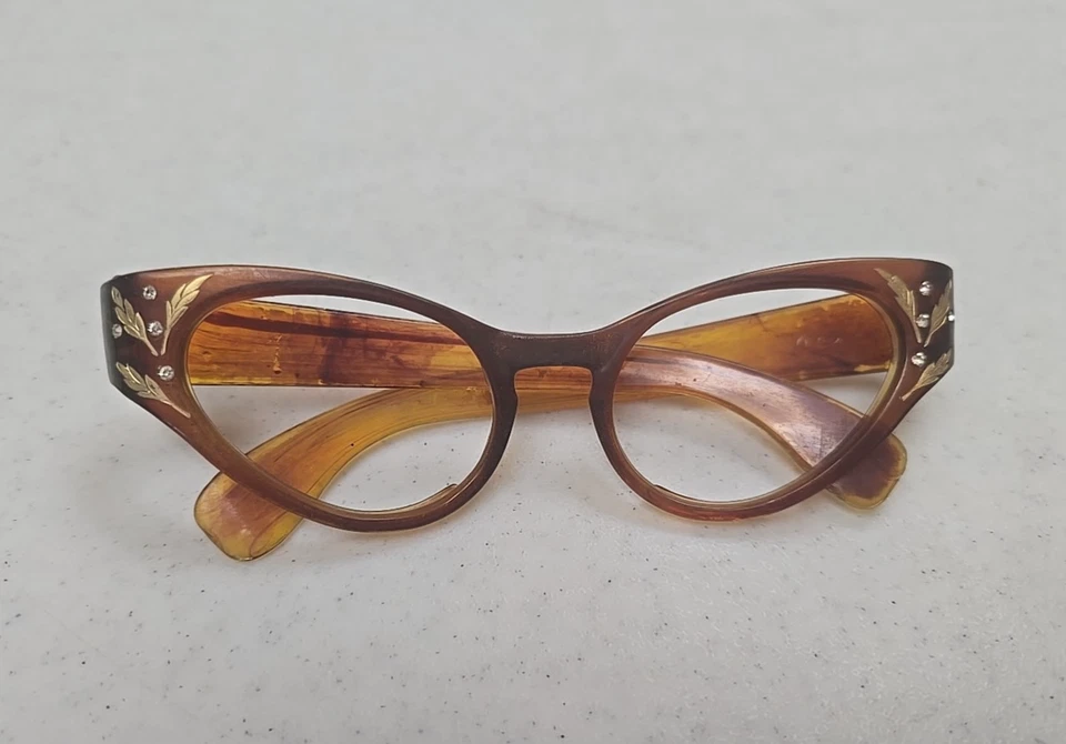 Vtg 60's Classic Brown Rhinestones Fancy Cats-Eye Optical Eyewear Eyeglass Frame - Image 1 of 4