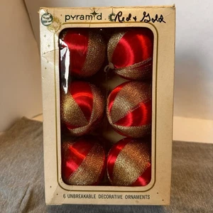 Vintage PYRAMID Red/Gold Striped Satin Sheen Boxed Christmas Ornaments, Set of 6 - Picture 1 of 23