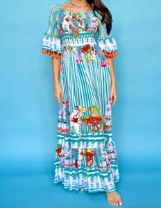ANTICA SARTORIA 2024 SMOCKED TOP SICILIAN WHEELS AQUA & WHITE DRESS OS NWT - Picture 1 of 6