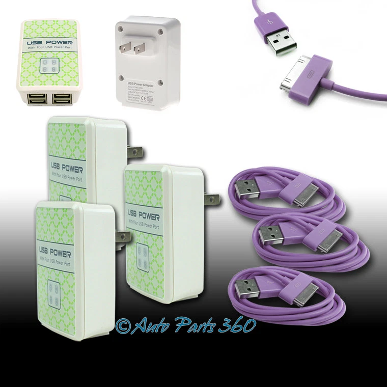 3X 4 USB PORT WALL ADAPTER+6FT CABLE POWER CHARGER PURPLE FOR IPHONE IPOD IPAD - Image 1 of 1