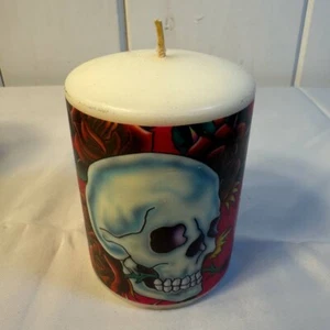 Ed Hardy Wax Candle Skull & Roses White Red Home Decor - Picture 1 of 12