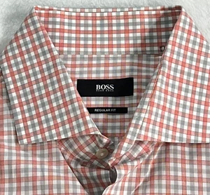 Hugo Boss Shirt Mens 16 41 Pink Salmon Gray Plaid Check Regular Fit Dress Shirt - Picture 1 of 8