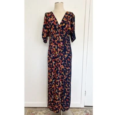 Maxi Vestido Manga Kimono Lovestitch Corbata Azul Marino Naranja Patrón Talla S/M Foto 1 de 4