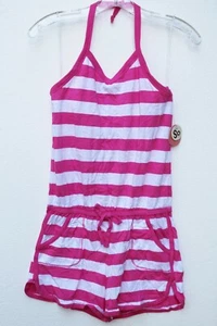 SO Girls L 14 XL 16 Striped Knit Halter Romper w/ Drawcord Shelf Bra Pink White  - Picture 1 of 12