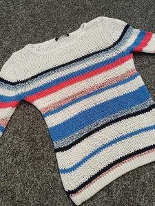 Betty Barclay Jumper Women UK 14 White Blue Cotton Open Knit Stitch Stripes - Picture 1 of 10