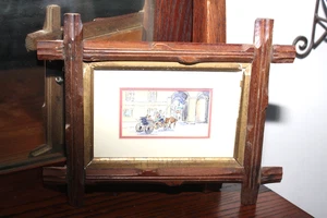 Antikes Adirondack Criss Cross Nussbaum Gestell mit Aquarell Pferd & Buggy - Bild 1 von 15