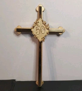 Cross Gold Brass Wall Hanging 50th Anniversary Christian Decor Amber Rhinestones - Picture 1 of 5