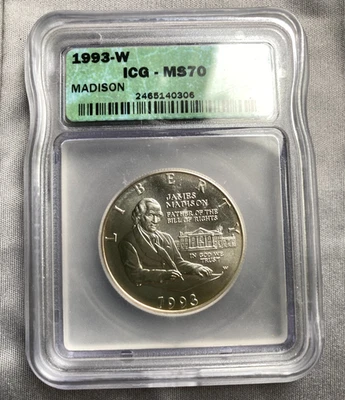 1993-W James Madison Modern Commemorative Half Dollar 50C MS 70 ICG Green Label - Image 1 of 4