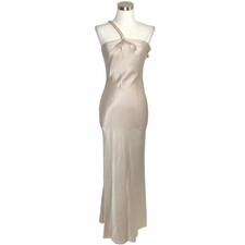 N583 ELIE TAHARI Designer Dress Size 4 Small Beige Solid Silk Long Maxi Formal