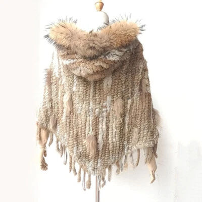 Women Knitted Real Rabbit Fur Hood Coat Raccoon Fur Collar Tassel Cloak Pullover - Image 1 of 4