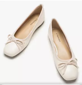 C.Paravano Flats Shoes Women Size 41/10.5 White Ballet Flats Square Toe Bow - Picture 1 of 9