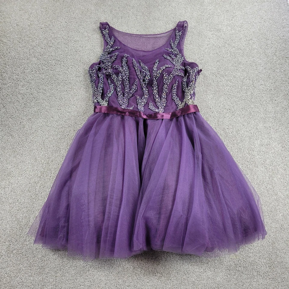 Envious Couture Formal Dress Girls 16 Purple White Beaded Chiffon Toile Prom - Image 1 of 4