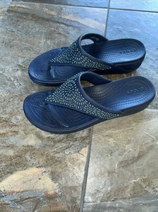Crocs Kadee Monterey Beaded Wedge/ Flip Flop Navy Blue Size W 11 - Picture 1 of 10