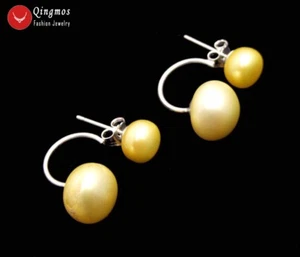 8 to 11mm Flat Round Yellowk Natural Pearl Double Sided Earring for Women ear701 - Picture 1 of 6