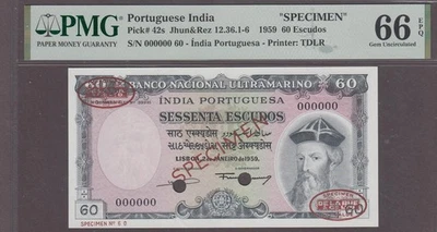 Portuguese India 60 Escudos Specimen Note P42s 1959 Grade 66 EPQ TDLR - Image 1 of 2