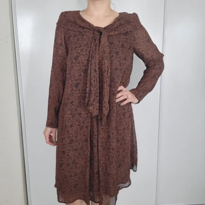 Vtg 90s Carole Little Brown Black Floral Sheer Tie Neck Long Sleeve Dress Sz 8 - Image 1 of 4