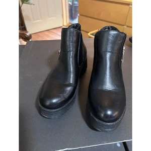 Dune Black Faux Leather Lug Sole Chelsea Ankle Boot Women Size 7 Chunky Heel Zip - Picture 1 of 6