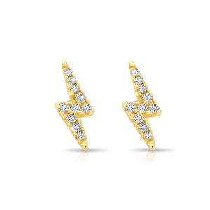 14K Solid Yellow Gold Dainty Lightning Bolt CZ Sleeper Stud Earrings Screw-back - Picture 1 of 8