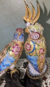 VTG Pair (2) Chinese Cloisonné Style Champleve Parrot Cockatoo Bird Figurines  - Picture 1 of 20