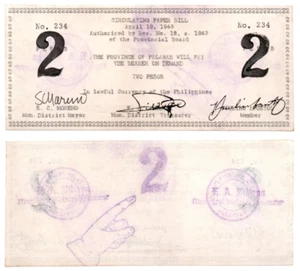 1943 Philippines Province of PALAWAN 2 Pesos S915 Resolution No. 18 Serial #234 - Picture 1 of 4