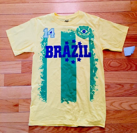 NEW Boys Youth M Brazil Yellow Futbol Soccer T-Shirt #14 Jersey Top Cover