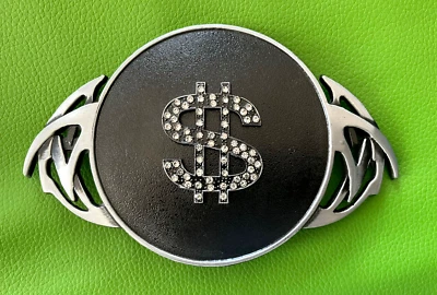 Letrero de dólar redondo de diamantes negros e sintéticos con hebilla de cinturón Pimp Bling Hip Hop Foto 1 de 4