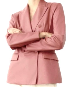 ZARA NEW WOMAN FAUX LEATHER DOUBLE-BREASTED BLAZER JACKET PINK MARSALA SUIT~L - Picture 1 of 4