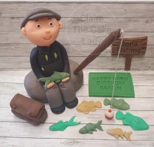 Edible Handmade Fisherman Fishing themed cake topper set *personalised* - Picture 1 of 2