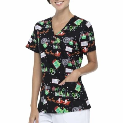 SCRUBSTAR  Christmas Happy Holidays Santa/Deers Scrub Top-SMALL - Image 1 of 2