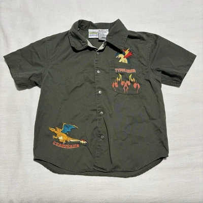 Vintage Boys Pokémon Button Up Shirt | Charizard & Typhlosion | Green | Size 6 - Image 1 of 4