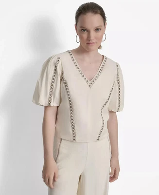 Top para mujer DKNY talla L algodón ojal ribete manga abullonada Foto 1 de 3