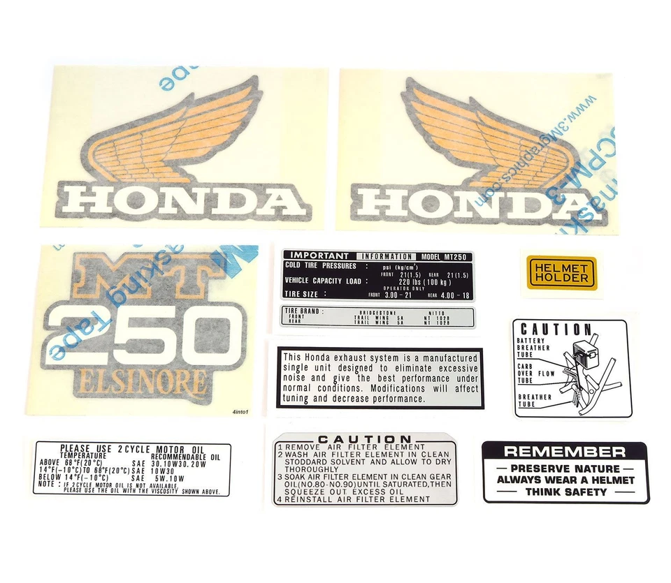 Decal Set - 1975 Honda MT250 Elsinore - Gas Fuel Tank Side Covers Warning Helmet Foto 1 de 1