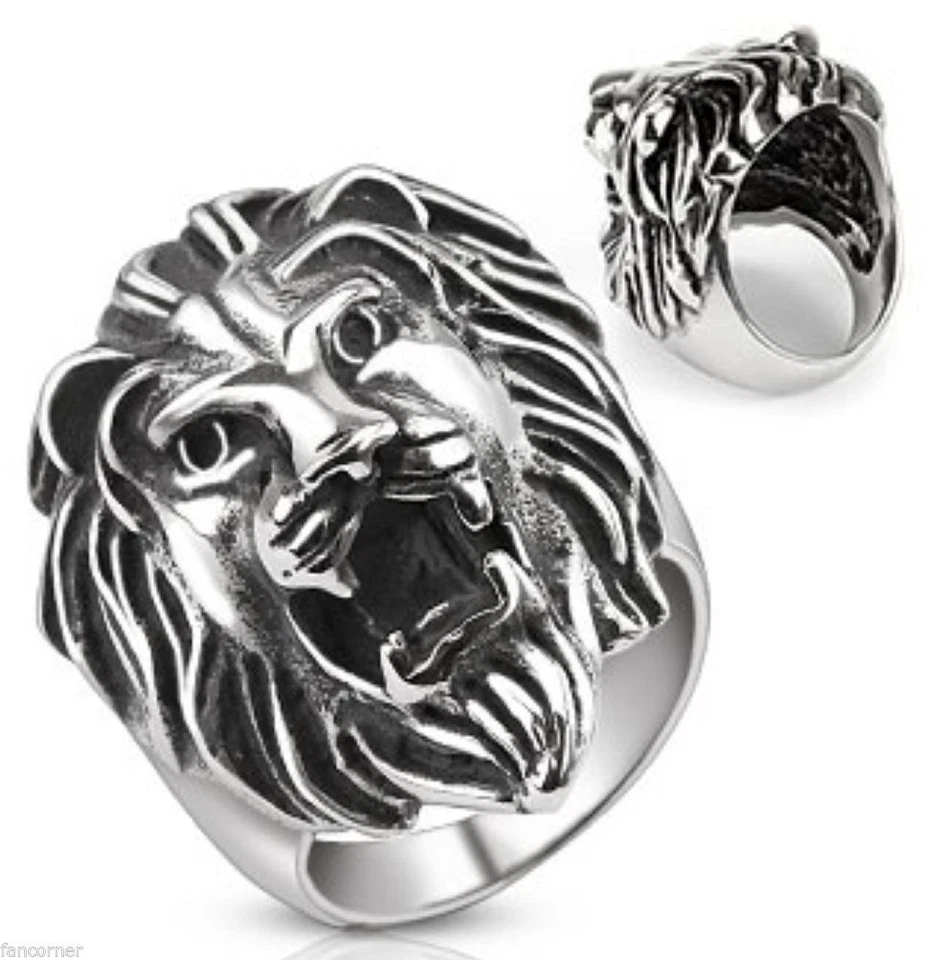Bague acier tete de lion rugissant bague biker Roaring Lion's head ring  - Photo 1/1