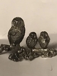 Miniature Pewter OWL Figurine, Large Owl With 2 Babies On Branch - Picture 1 of 6