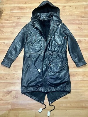 BLK DNM leather hooded fur coat jacket - Image 1 of 4