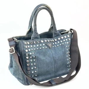 PRADA CANAPA 2way Bag Denim Canvas bijoux Authentic From Japan 0479 - Picture 1 of 24