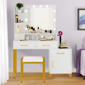 New Bedroom Vanity Table Set LED Mirror Makeup Desk with Wider Storage Dresser - Picture 1 of 5