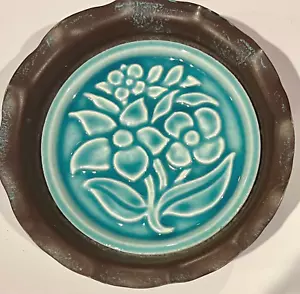 Hibiscus Flower Round Teal Blue Tile Metal w/Patina Flower Shape Candle Holder - Picture 1 of 6