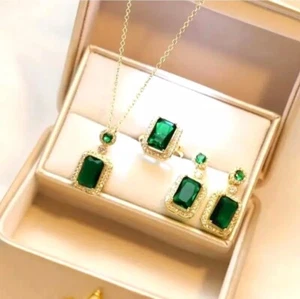 Anillo Colgante Y Pendientes Pavo Real Verde Conjunto Oro Cristal Estrás Collar - Imagen 1 de 4