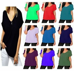 Women Ladies Baggy Oversized Loose Fit Turn up Batwing Sleeve V Neck Top T shirt - Photo 1/24