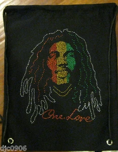 BOB MARLEY RASTA ONE LOVE BEADED DRAWSTRING BAG BACKPACK TRAVEL STRING POUCH  - Picture 1 of 2
