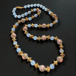 Murano Glas Halskette Hochzeitstorte Perlen blau opal goldfarben Vintage 28" - Bild 1 von 8