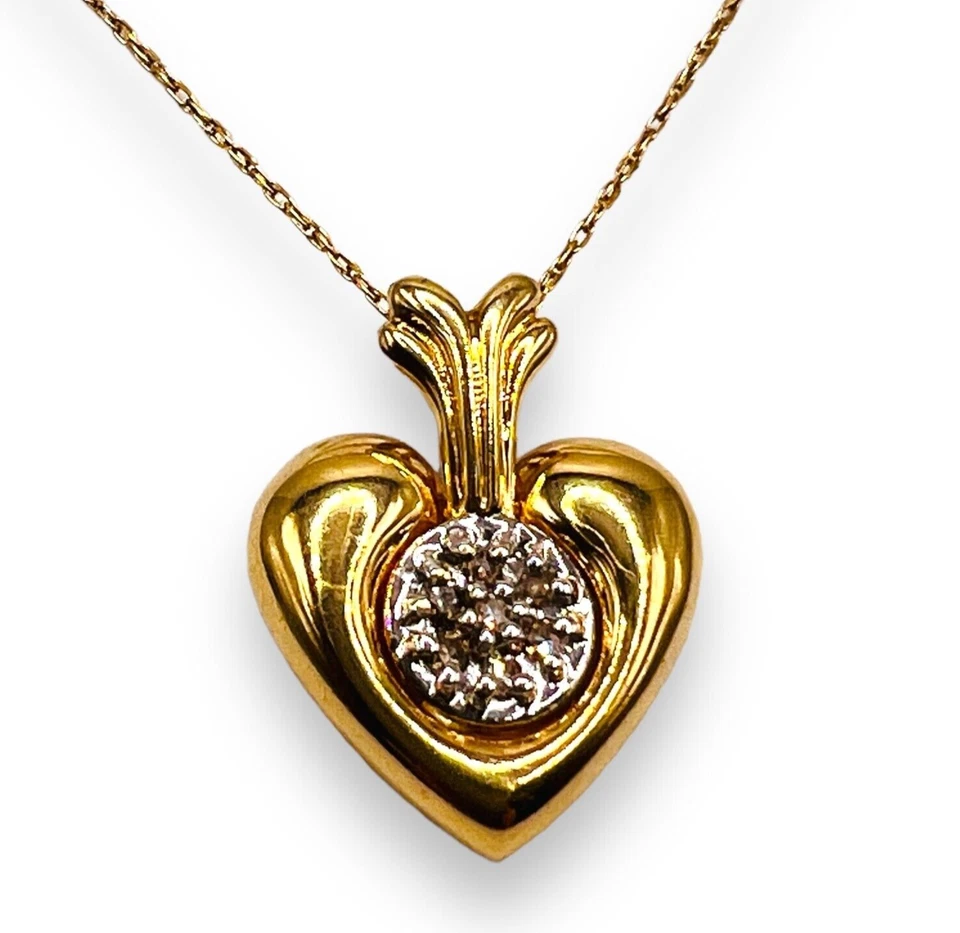 Pingente vintage de ouro amarelo 10k coração soprado de diamante 20 mm com corrente 3g 19" - Imagem 1 de 4