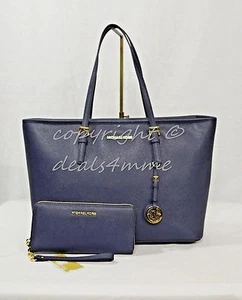 SET Michael Kors Jet Set Travel Medium Multi-Function Tote + Wallet-Admiral Blue - Picture 1 of 12